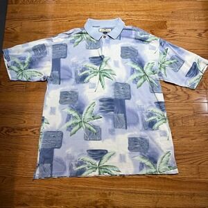 Tommy Bahama Polo Shirt Mens Large Blue Green Floral Silk Blend Hawaiian  Top